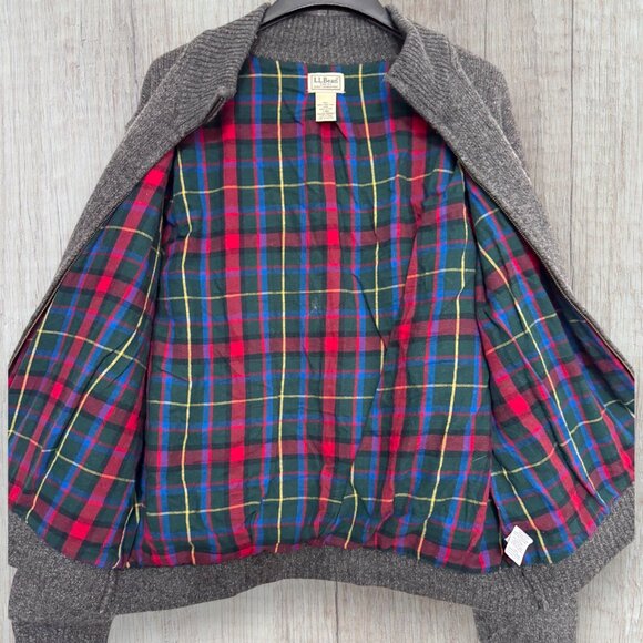 LL Bean Lambswool Bomber Jacket Gray Tartan Lined Zip Front Classic Coat Mens L - Picture 3 of 7